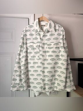 METALWOOD STUDIO‎ white green logo long sleeve brushed flannel button up shirt